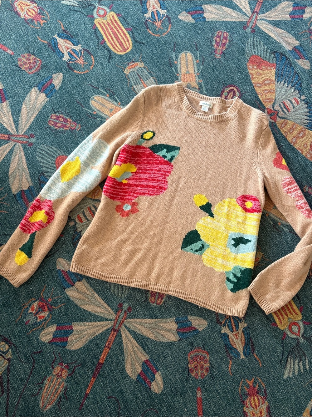 Sundance Floral Crewneck Sweater in Camel with Colorful Blooms M